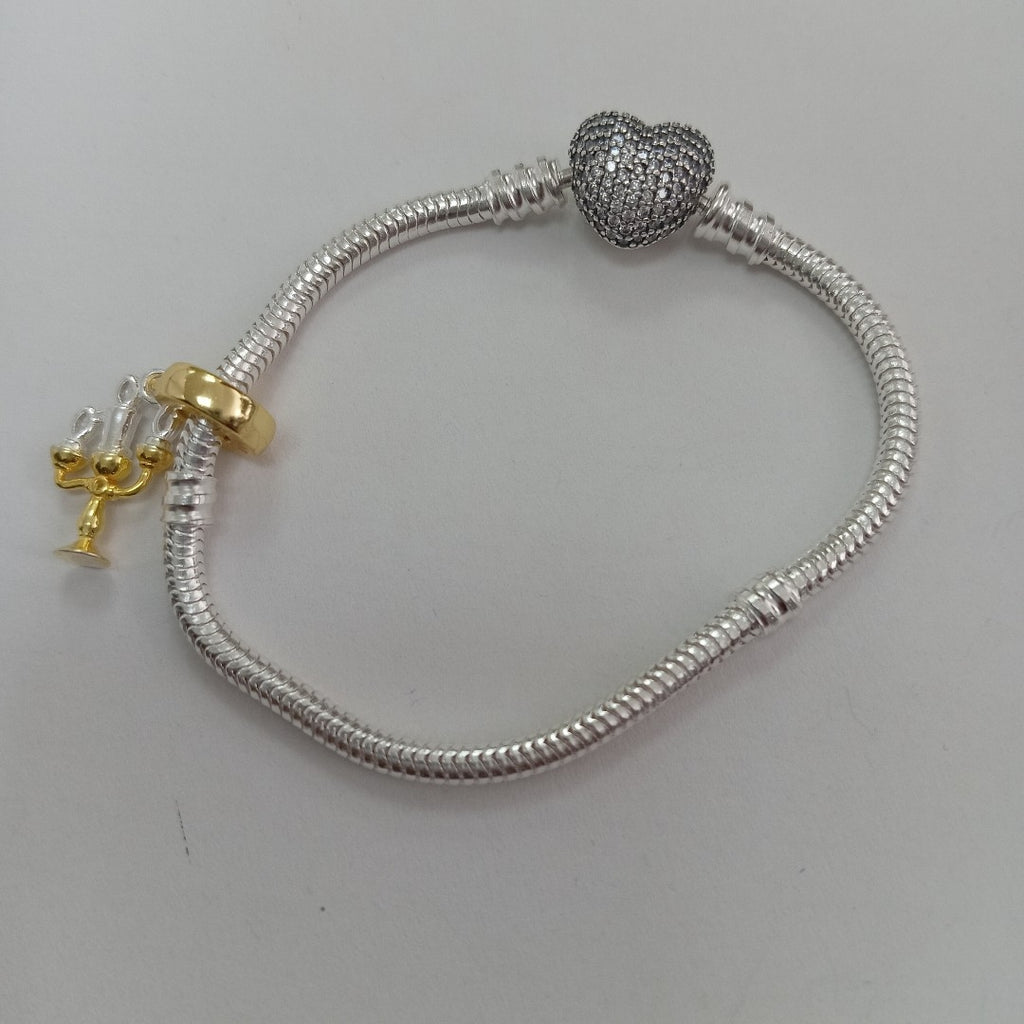 PULSERA TEJIDO ARTICULADA CON CHARMS PLATA .925 16 CM 10.2 GR (NUEVO)