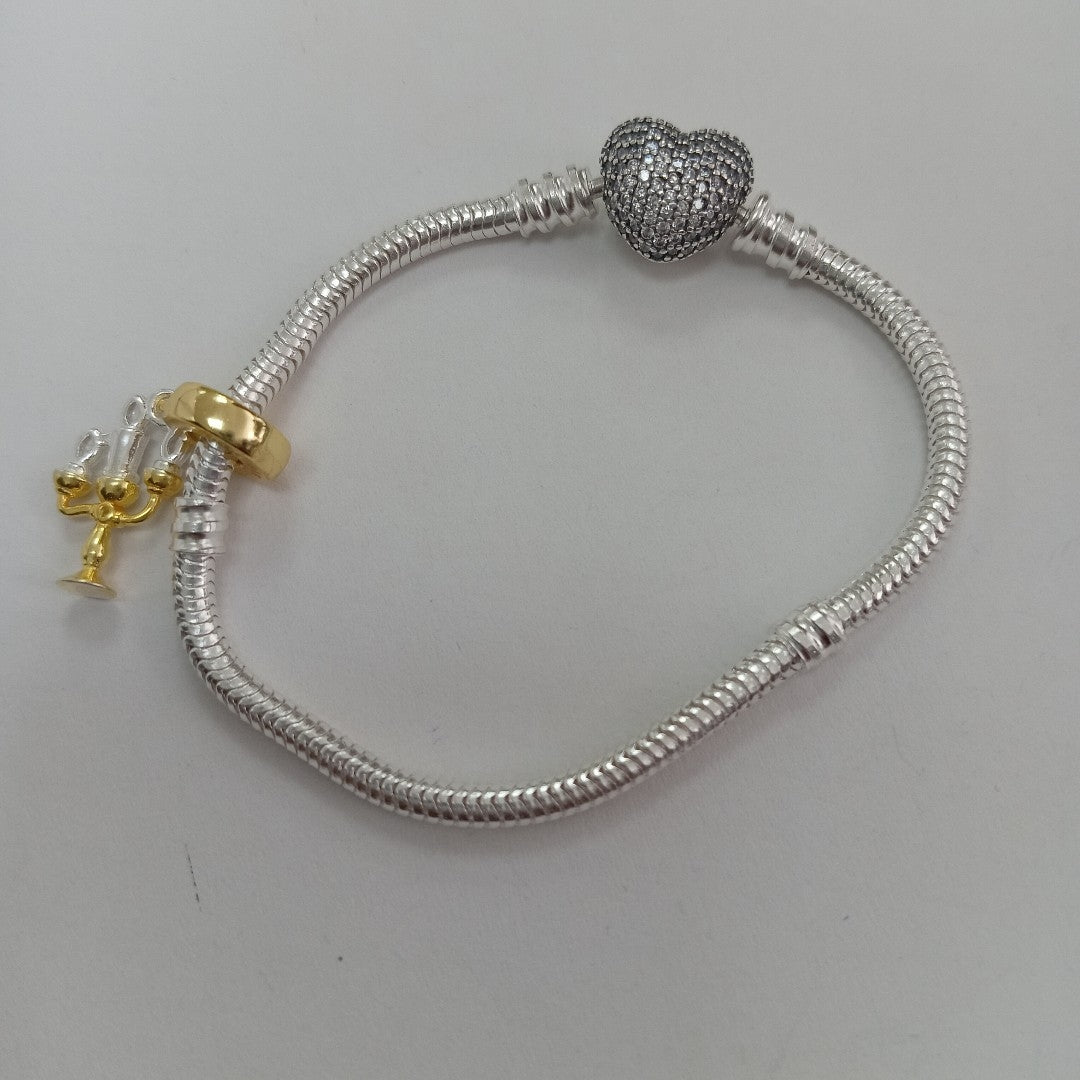 PULSERA TEJIDO ARTICULADA CON CHARMS PLATA .925 16 CM 10.2 GR (NUEVO)