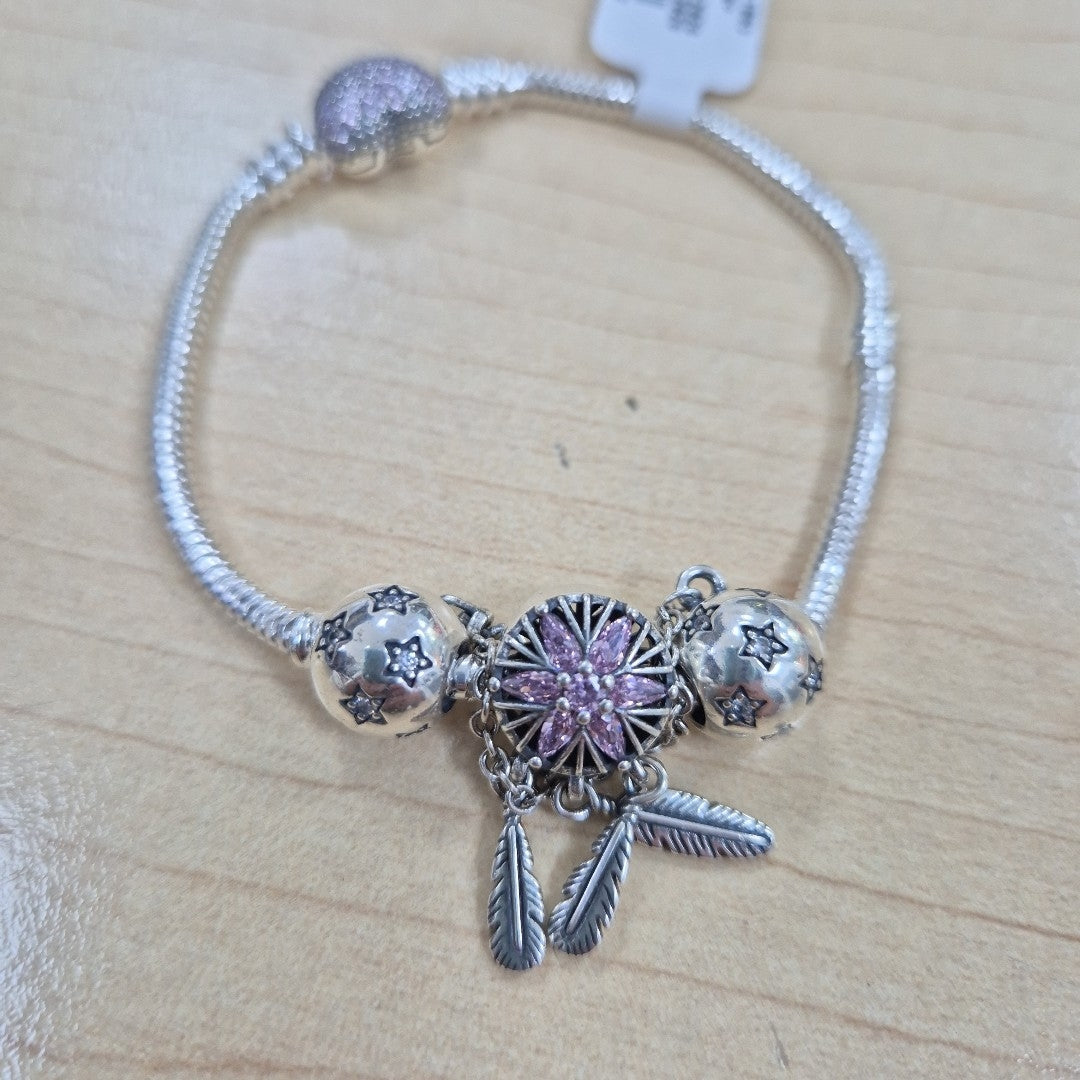 PULSERA TEJIDO ARTICULADA CON CHARMS PLATA .925 18 CM 19.9 GR (NUEVO)
