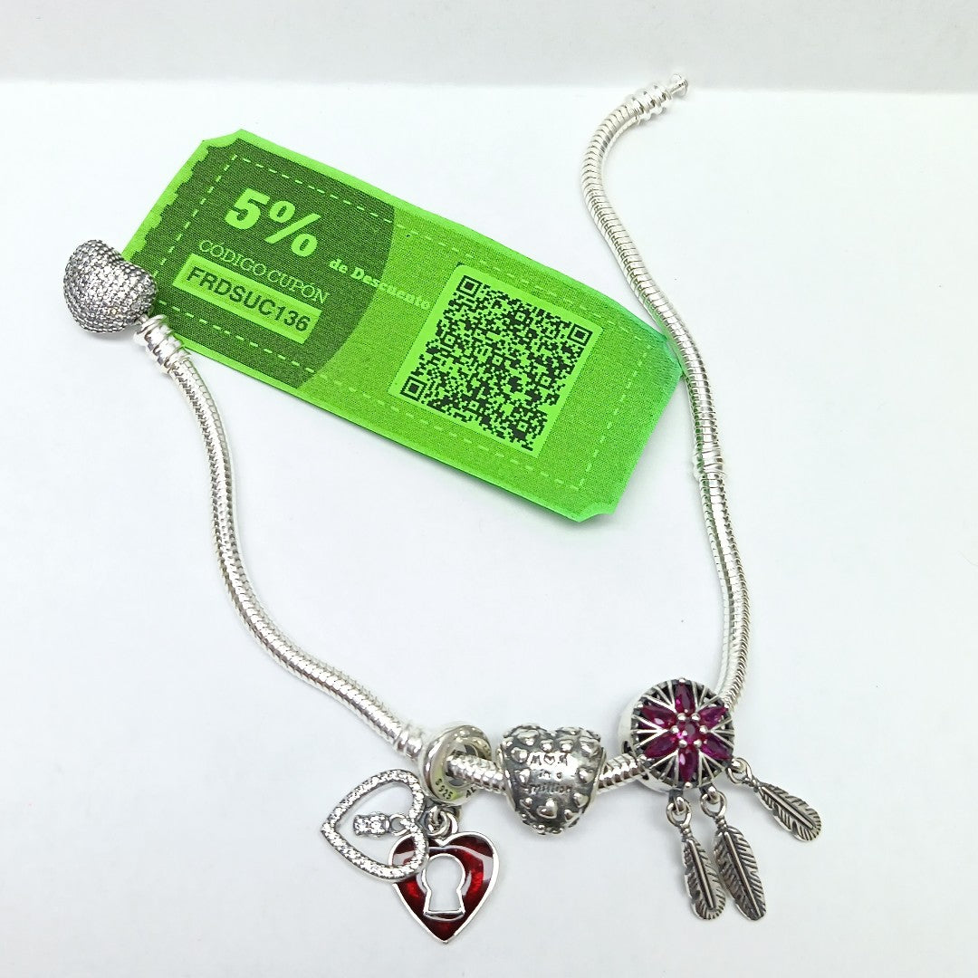 PULSERA TEJIDO ARTICULADA CON CHARMS PLATA .925 21 CM 19.1 GR (NUEVO)