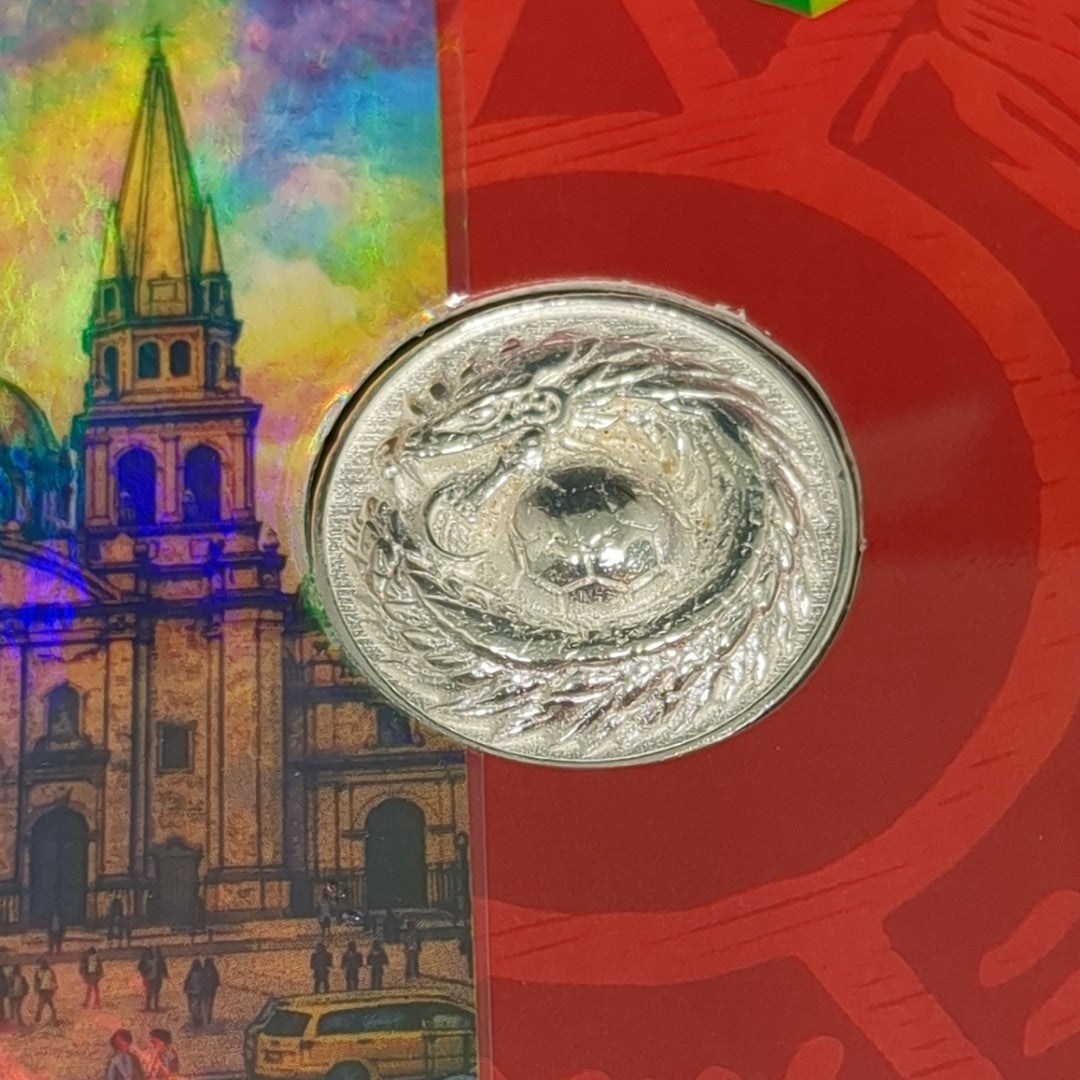 MEDALLA CONMEMORATIVA FRD FÚTBOL MOTIVO QUETZALCÓATL PLATA .925 11.9 GR (NUEVO)