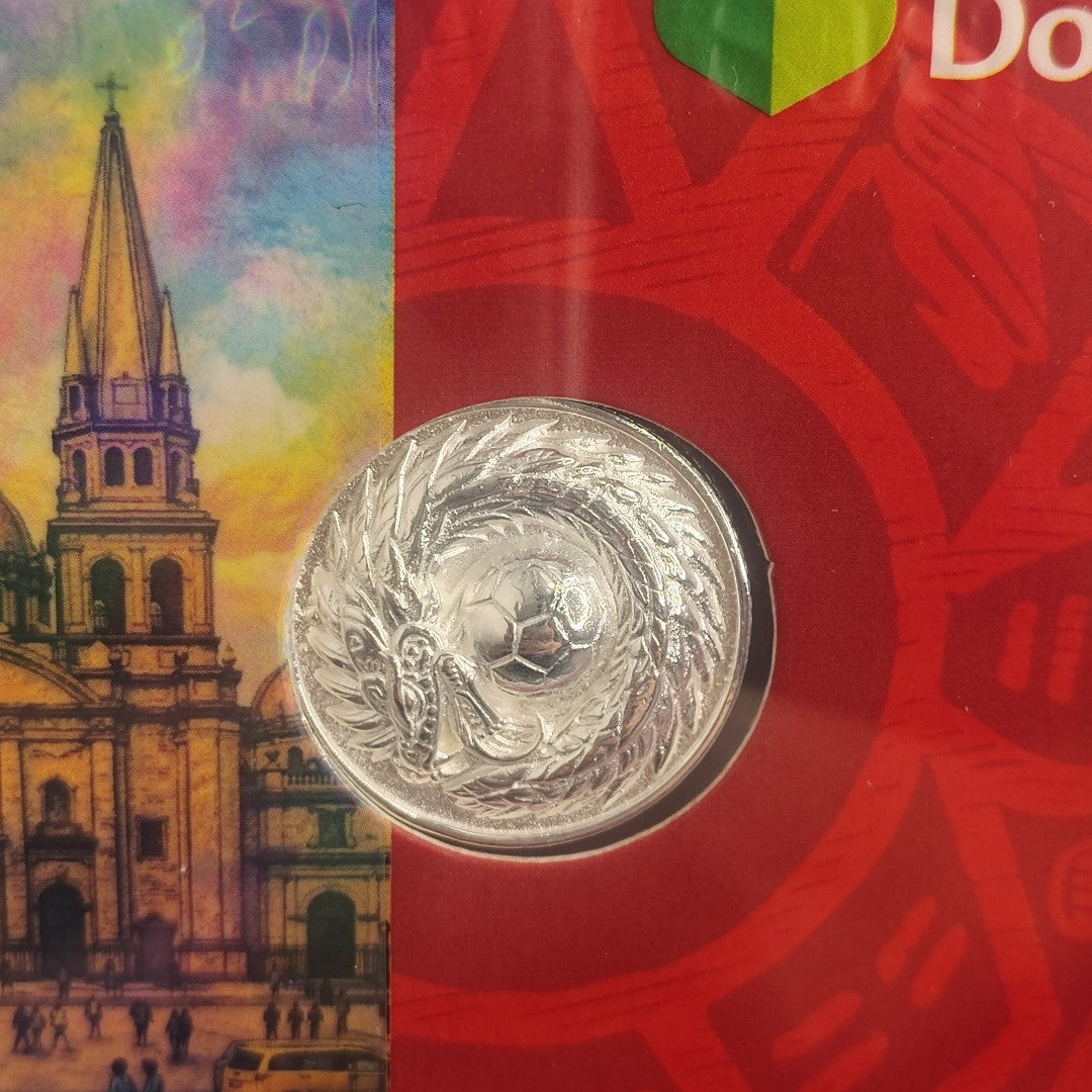 MEDALLA CONMEMORATIVA FRD FÚTBOL MOTIVO QUETZALCÓATL PLATA .925 11.9 GR (NUEVO)