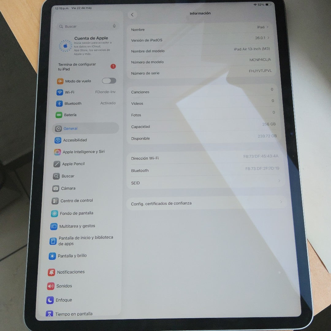 TABLETA APPLE IPAD AIR (M3) 13"A3268 (2025) 256 GB 8 GB RAM (SEMINUEVO)