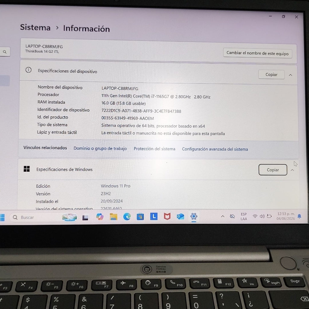 LAPTOP LENOVO THINKBOOK 14 G2 ITL (2022) 512 GB SSD 16 GB RAM (SEMINUEVO)