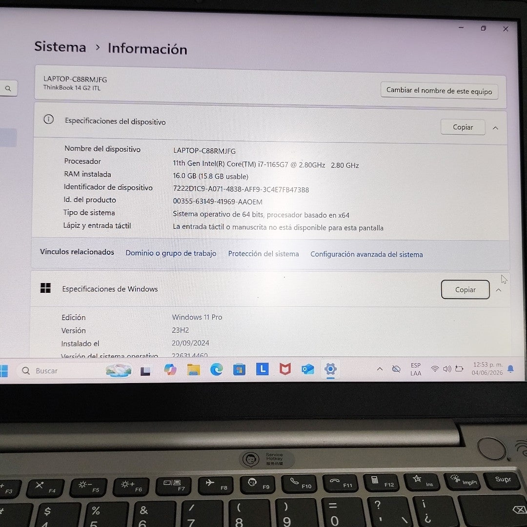 LAPTOP LENOVO THINKBOOK 14 G2 ITL (2022) 512 GB SSD 16 GB RAM (SEMINUEVO)