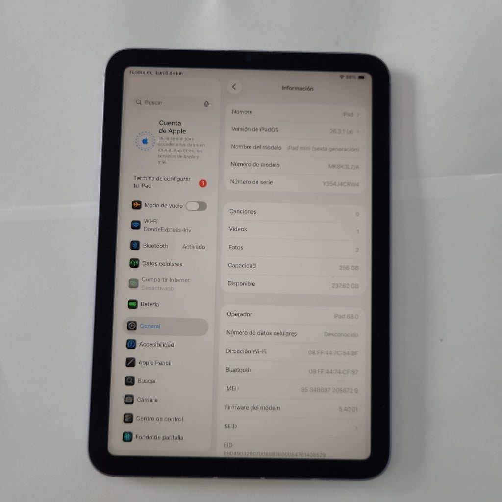 TABLETA APPLE IPAD MINI 6 A2568 256 GB 4 GB RAM (SEMINUEVO)