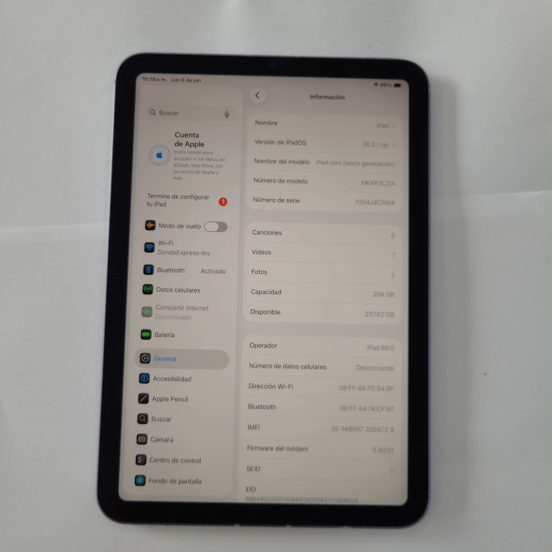 TABLETA APPLE IPAD MINI 6 A2568 256 GB 4 GB RAM (SEMINUEVO)