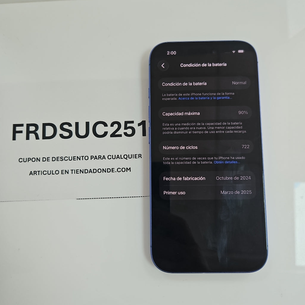 CELULAR APPLE IPHONE 16 A3286 (2024) 128 GB 8 GB RAM (SEMINUEVO)