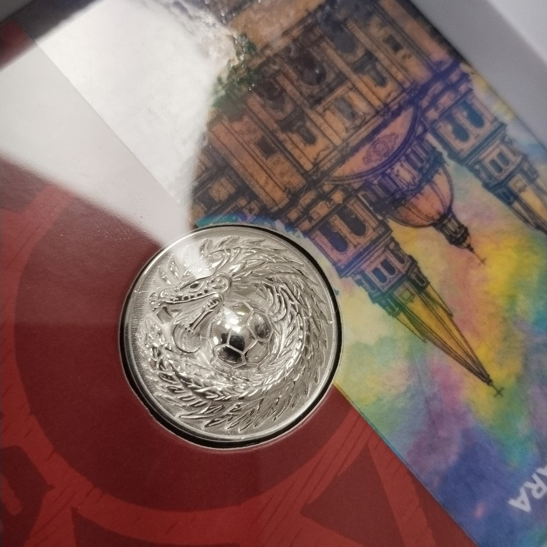 MEDALLA CONMEMORATIVA FRD FÚTBOL MOTIVO QUETZALCÓATL PLATA .925 11.9 GR (NUEVO)