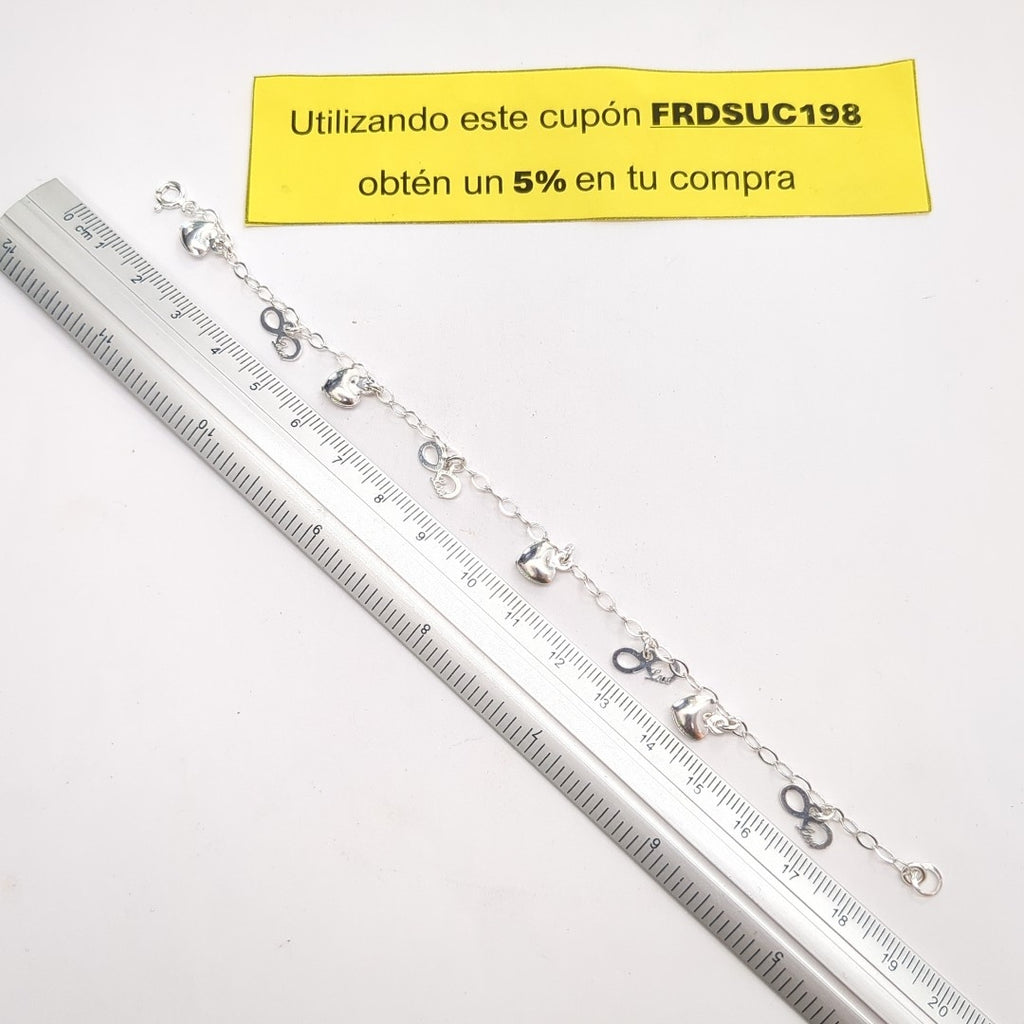 PULSERA CON DIJES CORAZON INFINITO PLATA .925 18 CM 3.22 GR (NUEVO)