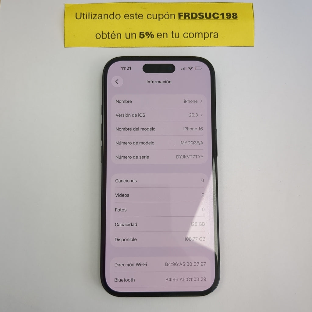 CELULAR APPLE IPHONE 16 A3286 (2024) 128 GB 8 GB RAM (SEMINUEVO)
