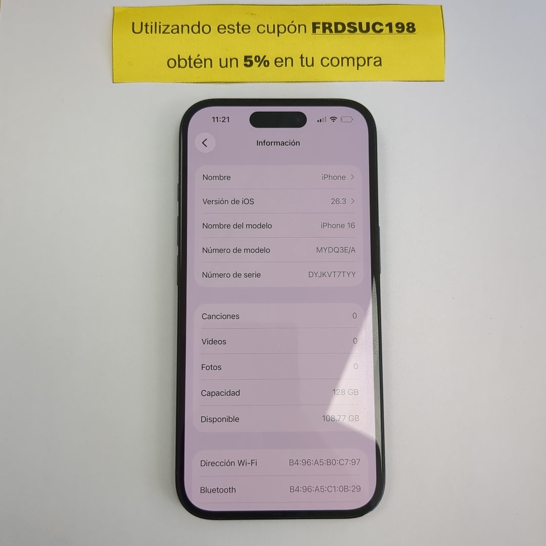 CELULAR APPLE IPHONE 16 A3286 (2024) 128 GB 8 GB RAM (SEMINUEVO)