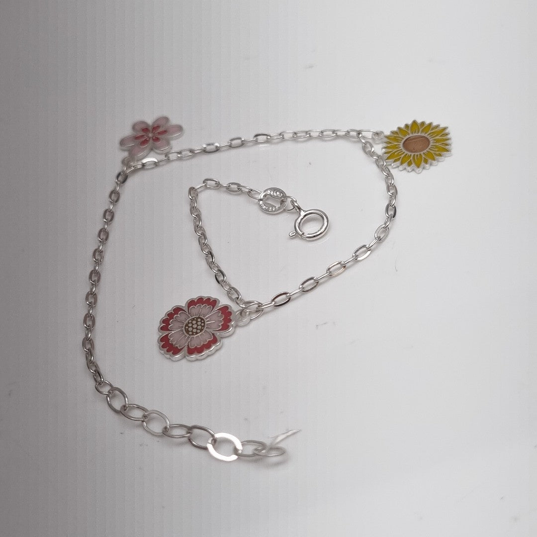 PULSERA TEJIDO ESPECIAL CON DIJE FLORES PLATA .925 21 CM 2.3 GR (NUEVO)