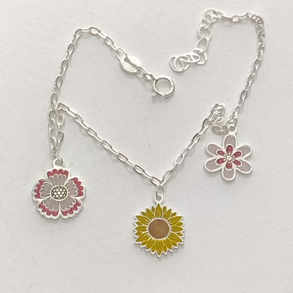 PULSERA TEJIDO ESPECIAL CON DIJE FLORES PLATA .925 21 CM 2.3 GR (NUEVO)