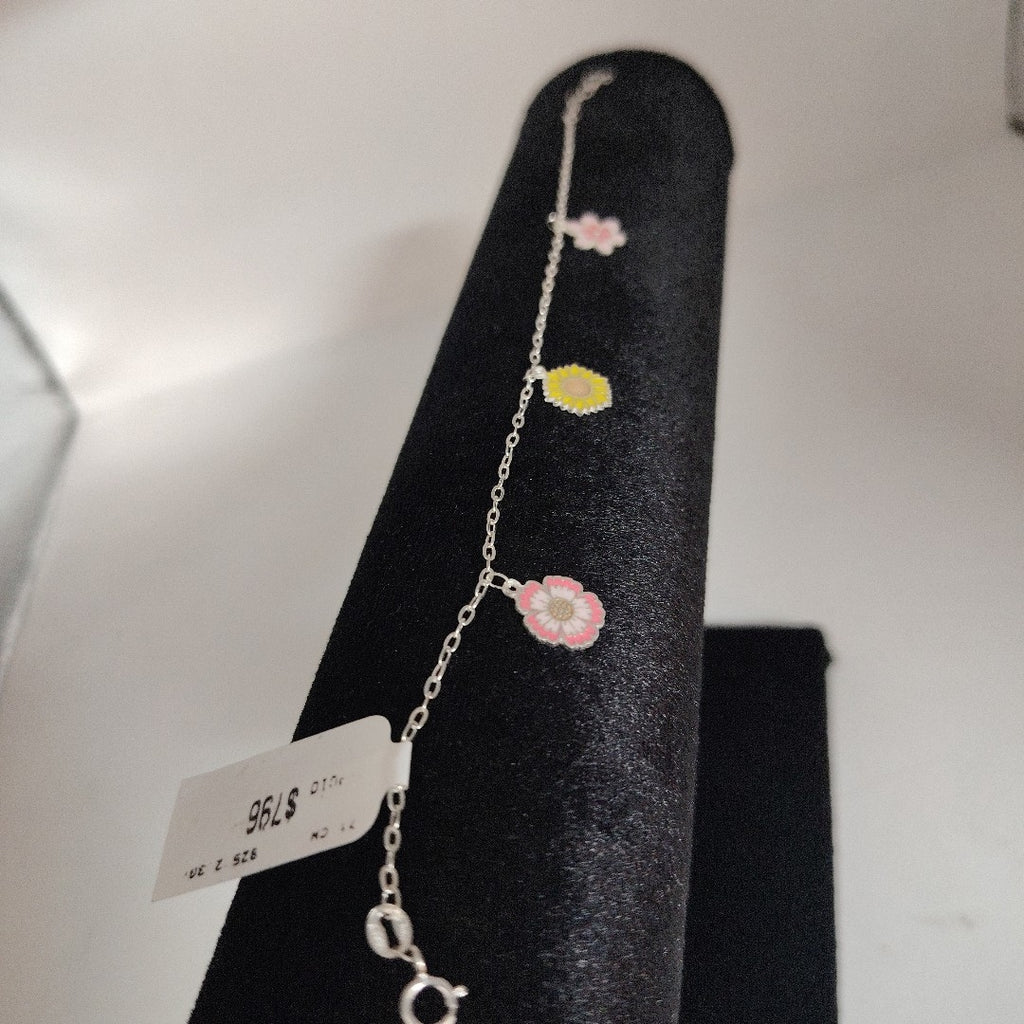 PULSERA TEJIDO ESPECIAL CON DIJE FLORES PLATA .925 21 CM 2.3 GR (NUEVO)