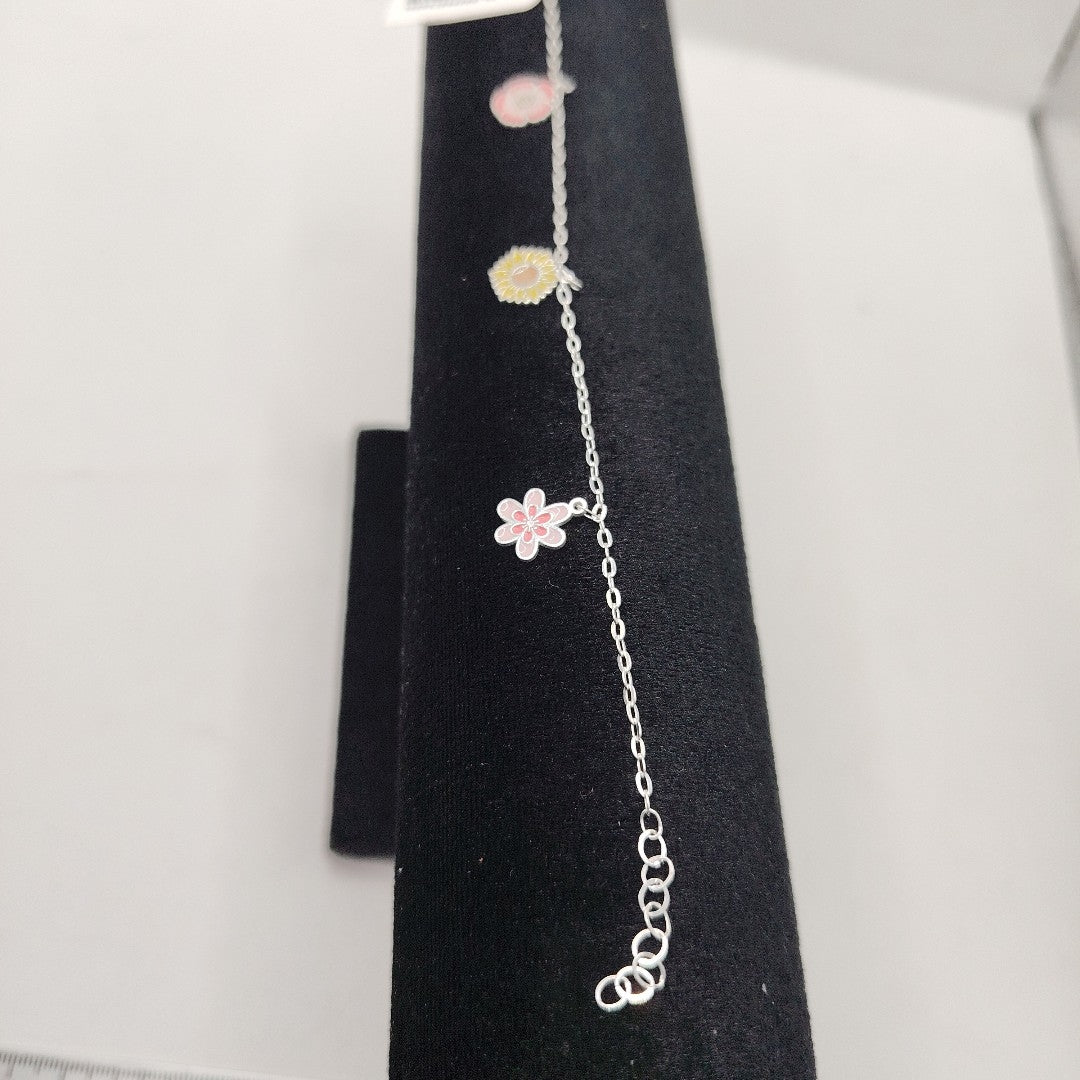 PULSERA TEJIDO ESPECIAL CON DIJE FLORES PLATA .925 21 CM 2.3 GR (NUEVO)