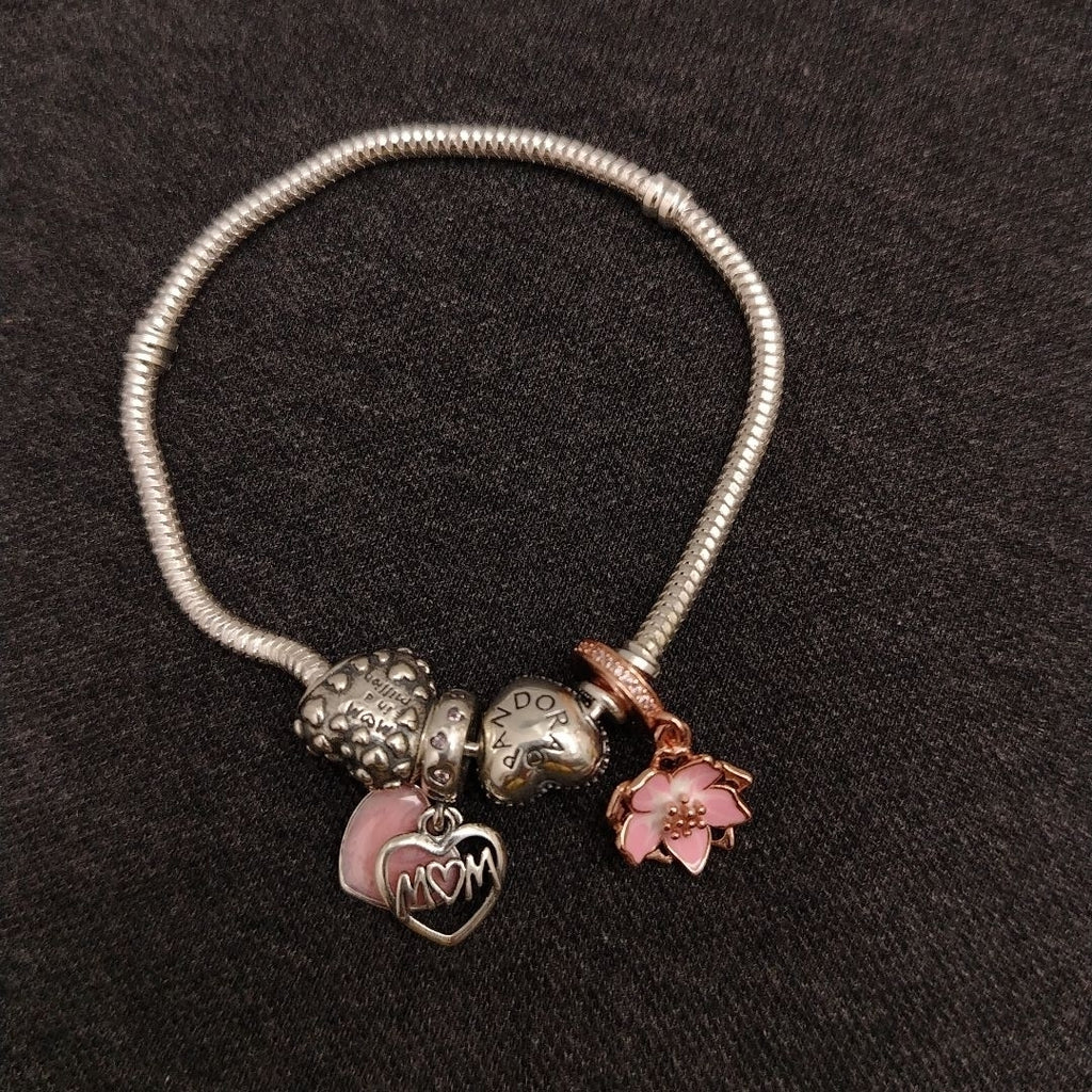 PULSERA TEJIDO ARTICULADA CON CHARMS PLATA .925 18 CM 15.2 GR (NUEVO)