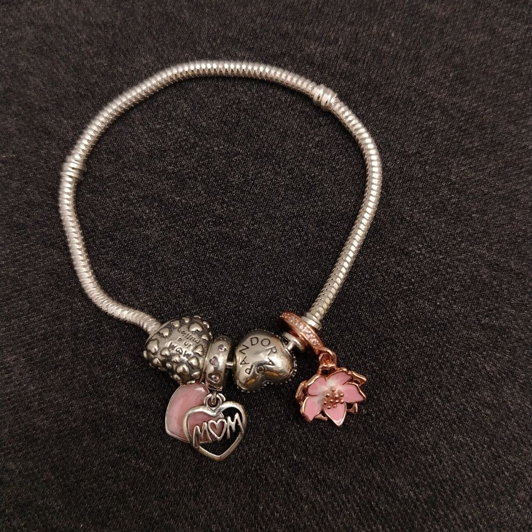 PULSERA TEJIDO ARTICULADA CON CHARMS PLATA .925 18 CM 15.2 GR (NUEVO)