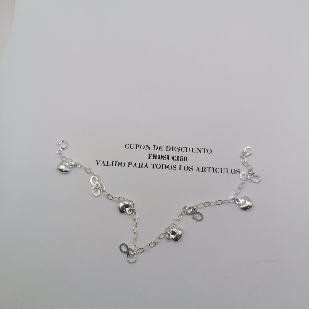 PULSERA CON DIJES CORAZON INFINITO PLATA .925 18 CM 3.22 GR (NUEVO)