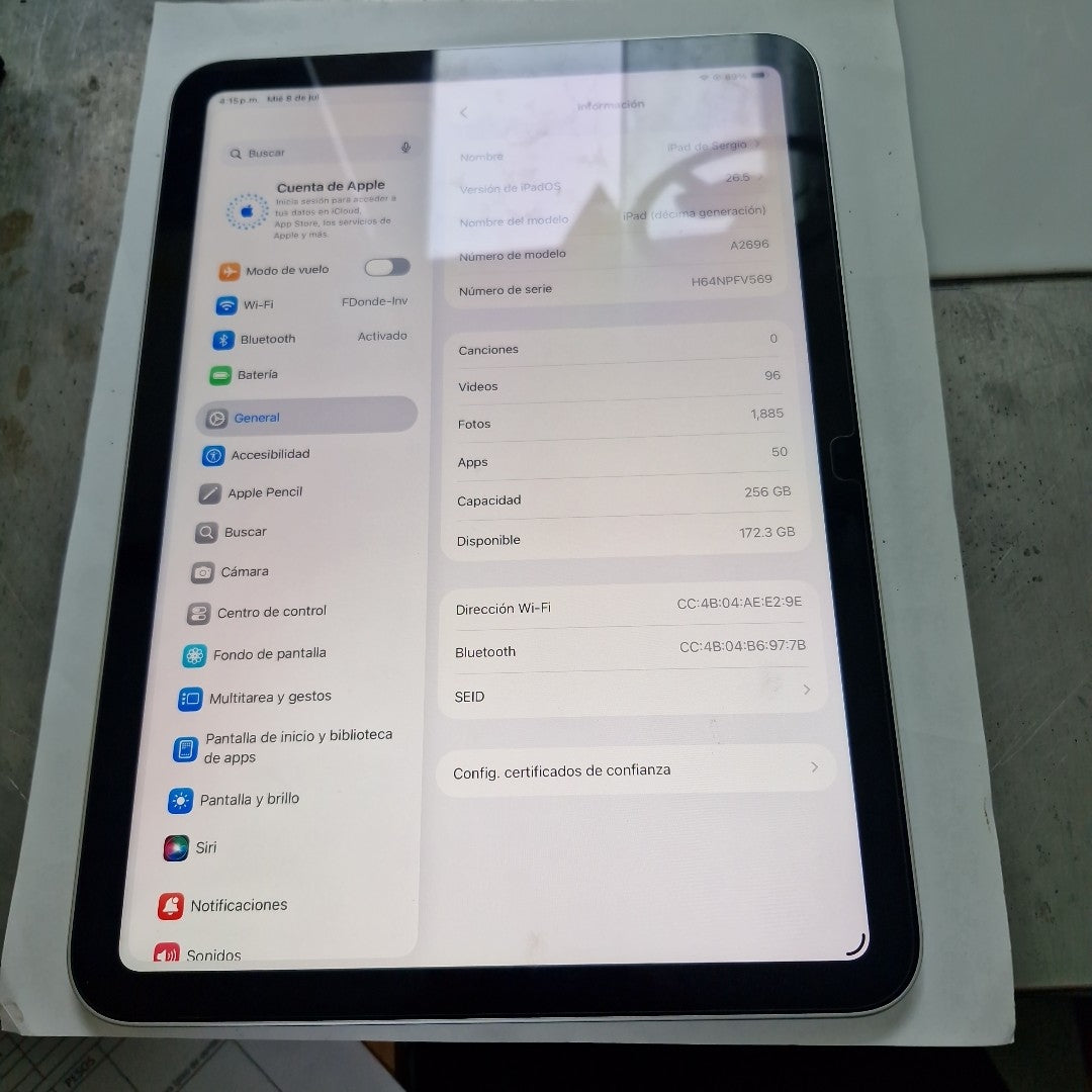 TABLETA APPLE IPAD 10 A2696 256 GB 4 GB RAM (SEMINUEVO)