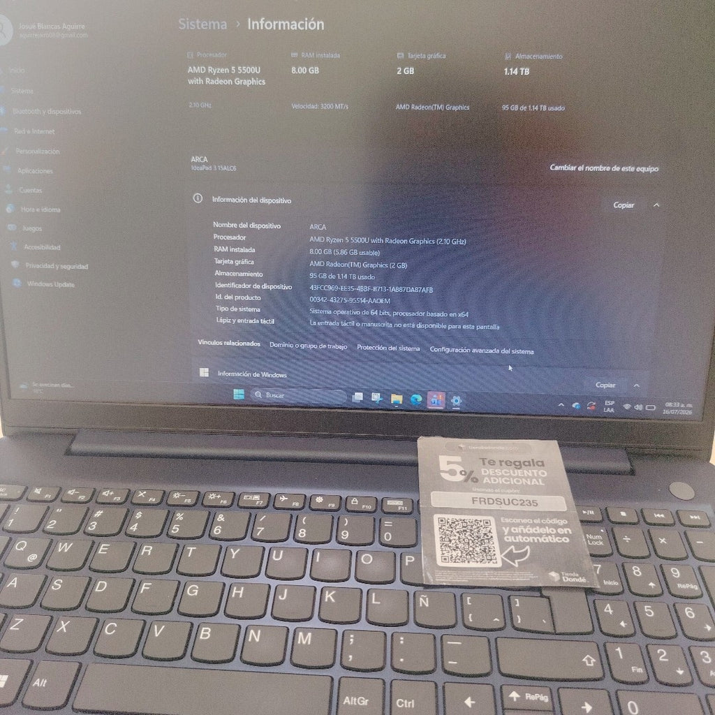 LAPTOP LENOVO IDEAPAD 3 15ALC6 (2023) 1 TB + 256 GB SSD 8 GB RAM (SEMINUEVO)