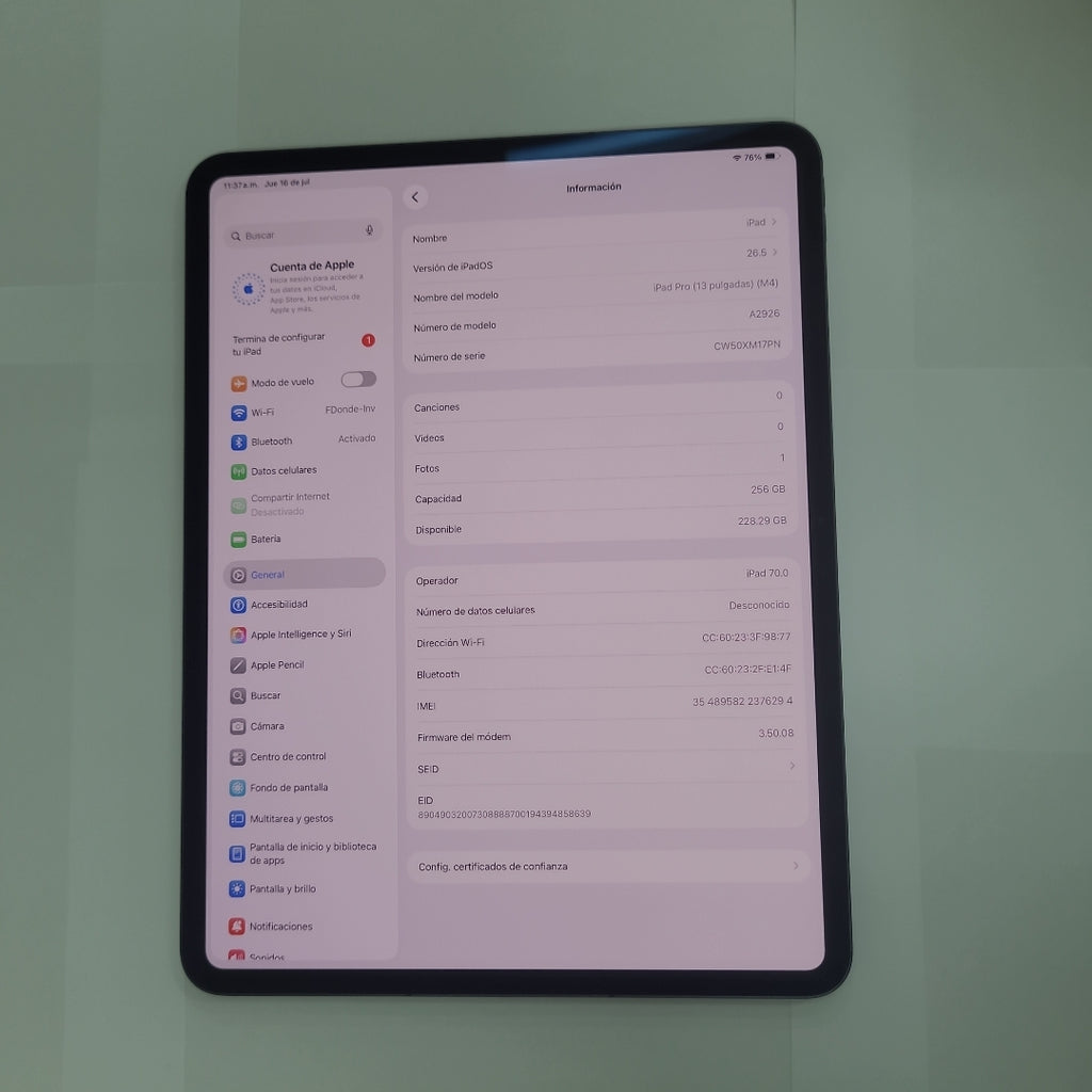 TABLETA APPLE IPAD PRO 13" A2926 (2024) 256 GB 8 GB RAM