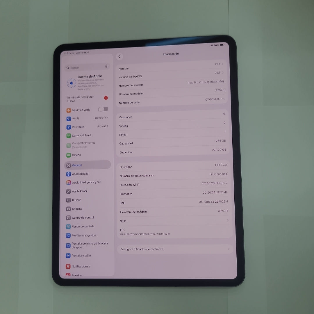 TABLETA APPLE IPAD PRO 13" A2926 (2024) 256 GB 8 GB RAM