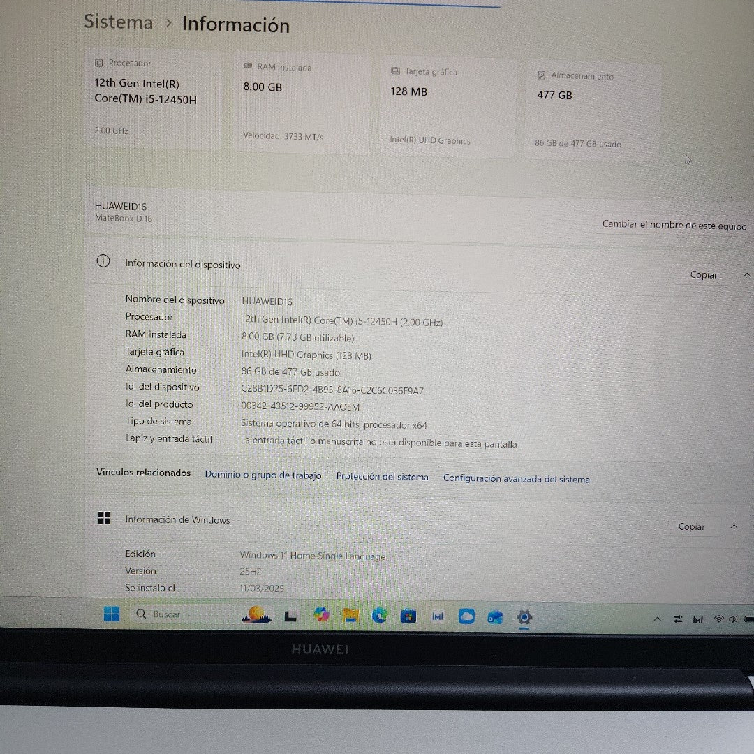 LAPTOP HUAWEI MATEBOOK D16 MCLF-X (2024) 512 GB SSD 8 GB RAM (SEMINUEVO)