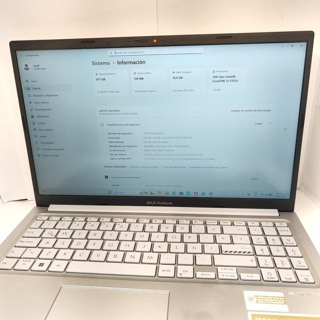 LAPTOP ASUS VIVOBOOK 15 F1504VA-NJ2533W (2025) 512 GB SSD 16 GB RAM (SEMINUEVO)