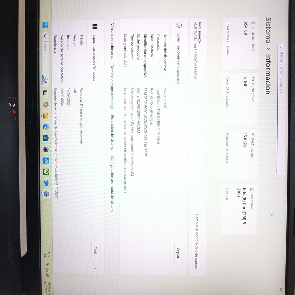 LAPTOP ASUS TUF GAMING F16 FX607VJ-RL023W (2025) 1 TB SSD 16 GB RAM (SEMINUEVO)
