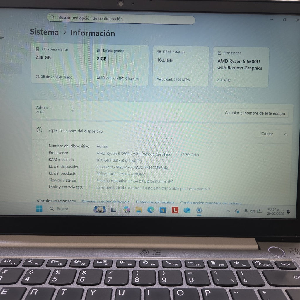 LAPTOP LENOVO THINKBOOK 14 G3 ACL (2023) 256 GB SSD 16 GB RAM (SEMINUEVO)