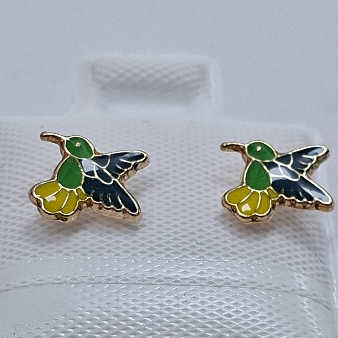 BROQUELES BROQUEL FIG COLIBRI ESMALTE VERDE 14K 0.2138 GR (NUEVO)