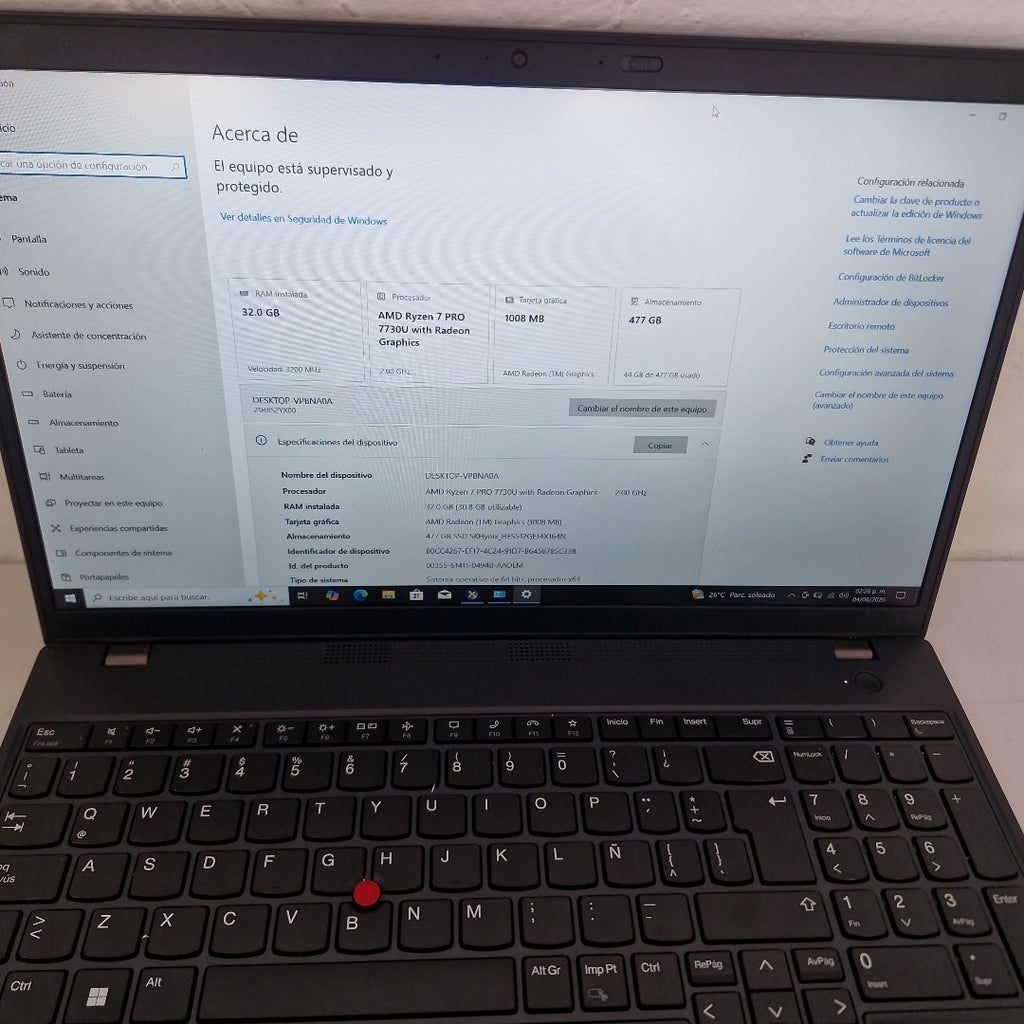 LAPTOP LENOVO THINKPAD L15 GEN 4 (2024) 512 GB SSD 32 GB RAM (SEMINUEVO)