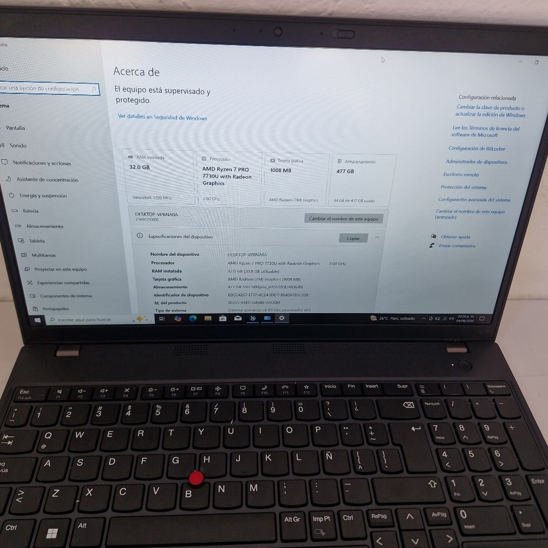 LAPTOP LENOVO THINKPAD L15 GEN 4 (2024) 512 GB SSD 32 GB RAM (SEMINUEVO)