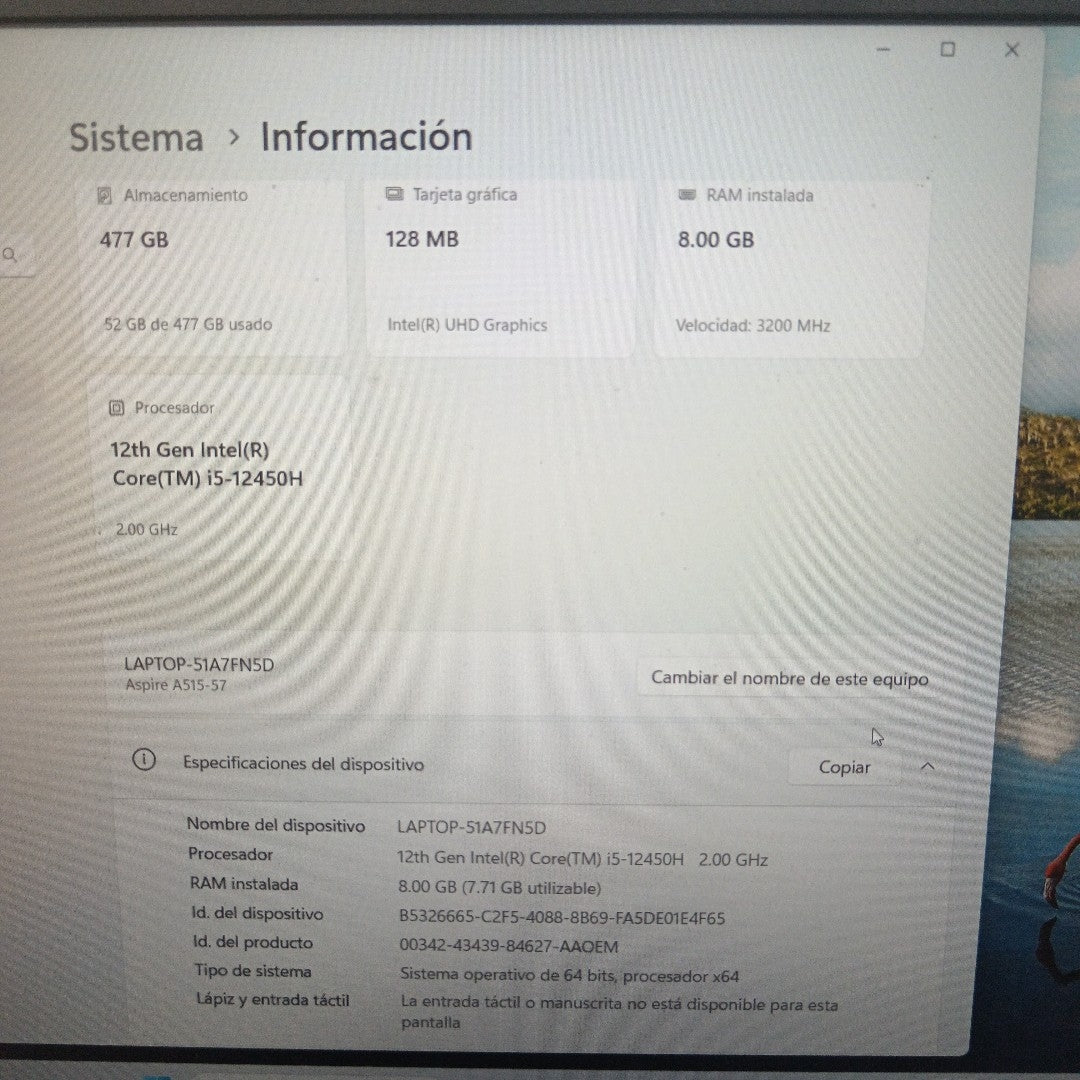 LAPTOP ACER ASPIRE 5 A515-57-52AT (2023) 512 GB SSD 8 GB RAM (SEMINUEVO)
