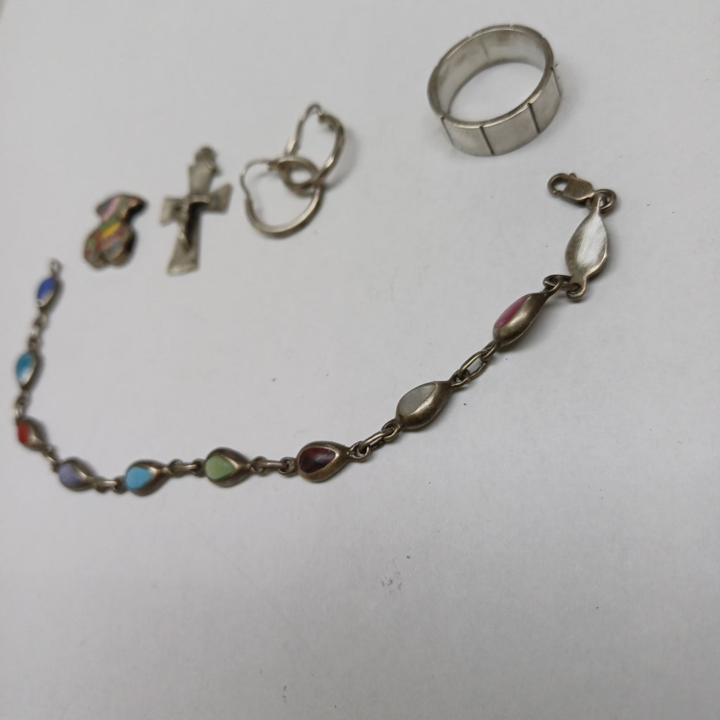 ANILLO, ARRACADAS PAR, CRUZ, DIJE, PULSERA PLATA 14.9 GRMS (SEMINUEVO)