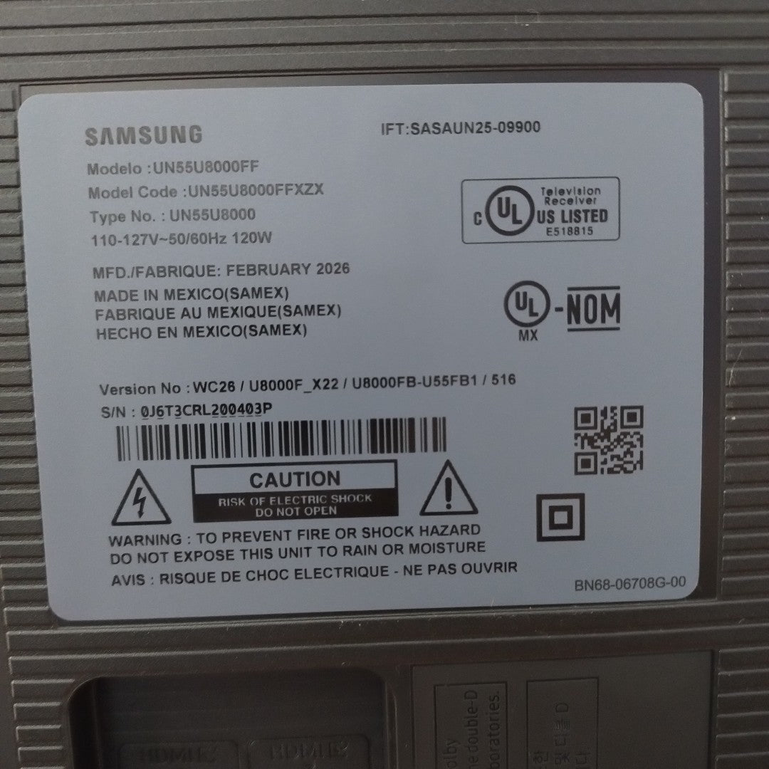 PANTALLA SAMSUNG UN55U8000FF (2025) 55" LED 4K (SEMINUEVO)