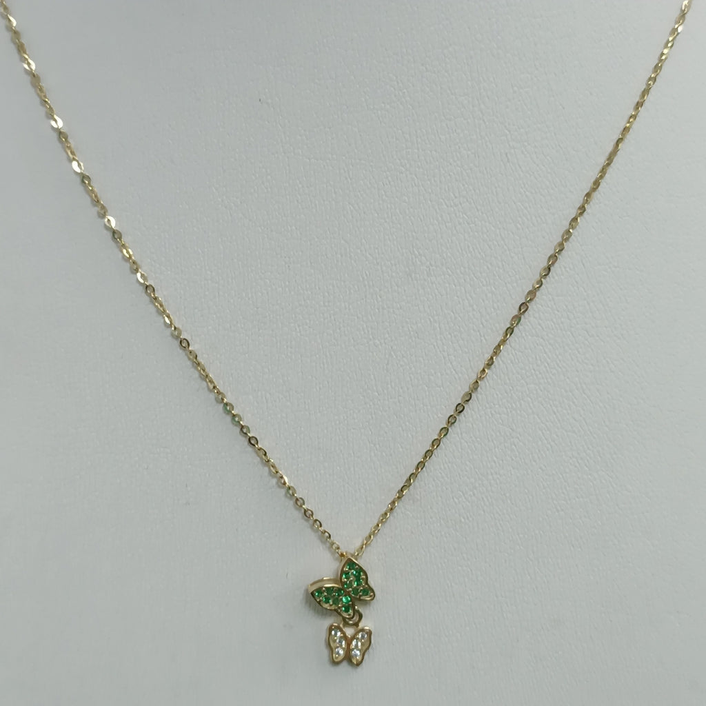 CADENA TEJIDO GARGANTILLA CON DIJE MARIPOSAS CIRCONIAS Y PIEDRAS DE COLOR 14K 45 CM 2 GR (NUEVO)