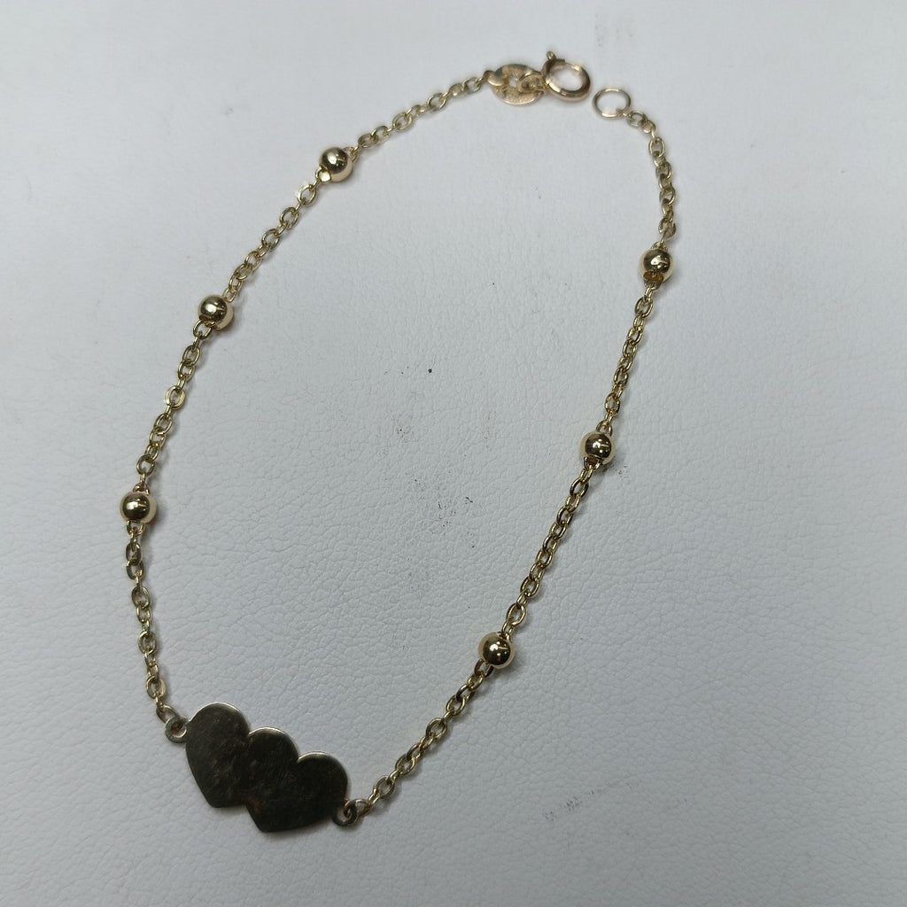 PULSERA TEJIDO ESPECIAL CON DOS CORAZONES 14K 18 CM 1.7 GR (NUEVO)
