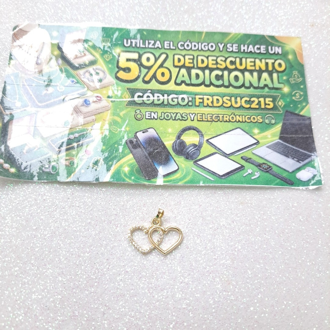 DIJE TEJIDO DOS CORAZONES CON CIRCONIAS 14K 1.5 GR (NUEVO)