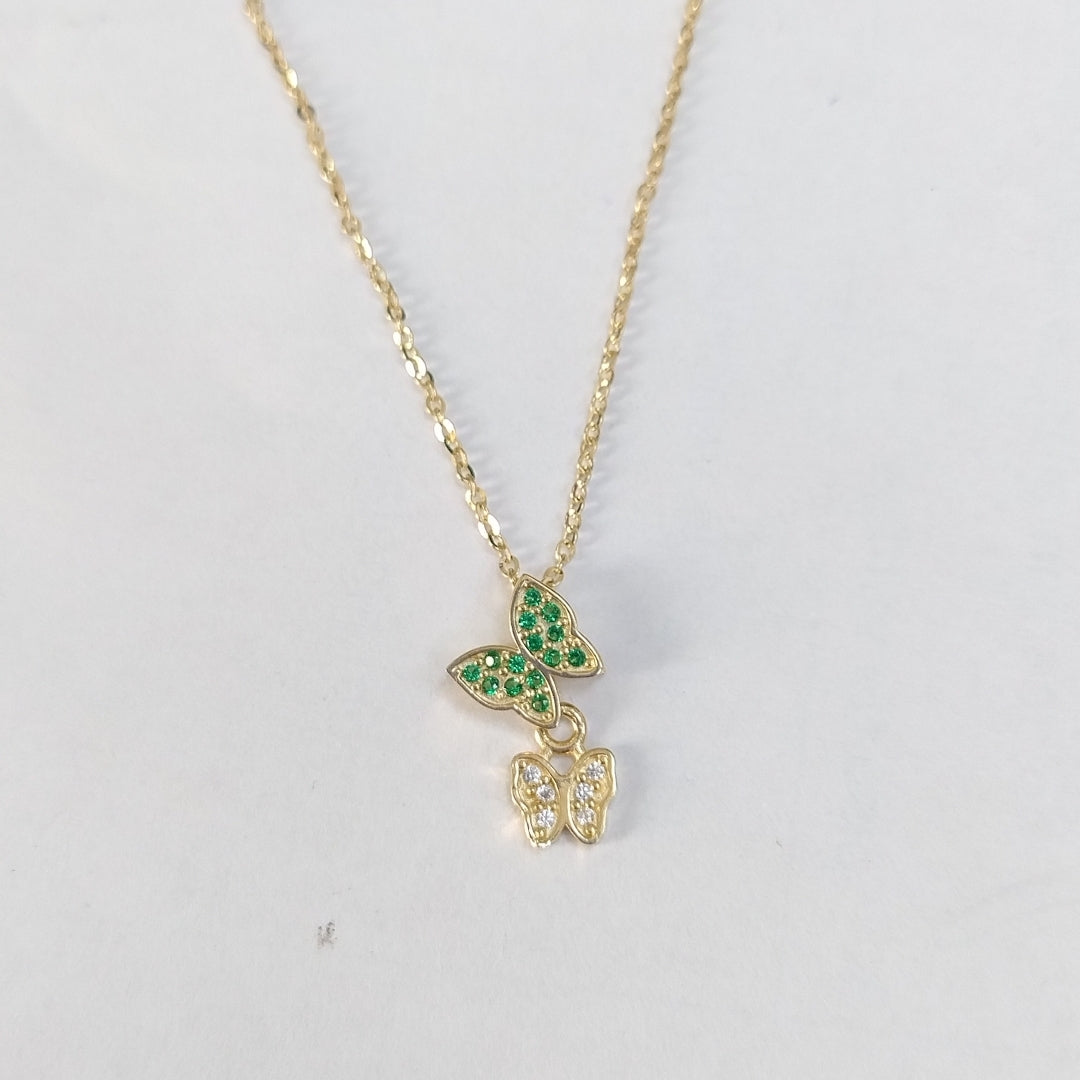 CADENA TEJIDO GARGANTILLA CON DIJE MARIPOSAS CIRCONIAS Y PIEDRAS DE COLOR 14K 45 CM 1.9 GR (NUEVO)