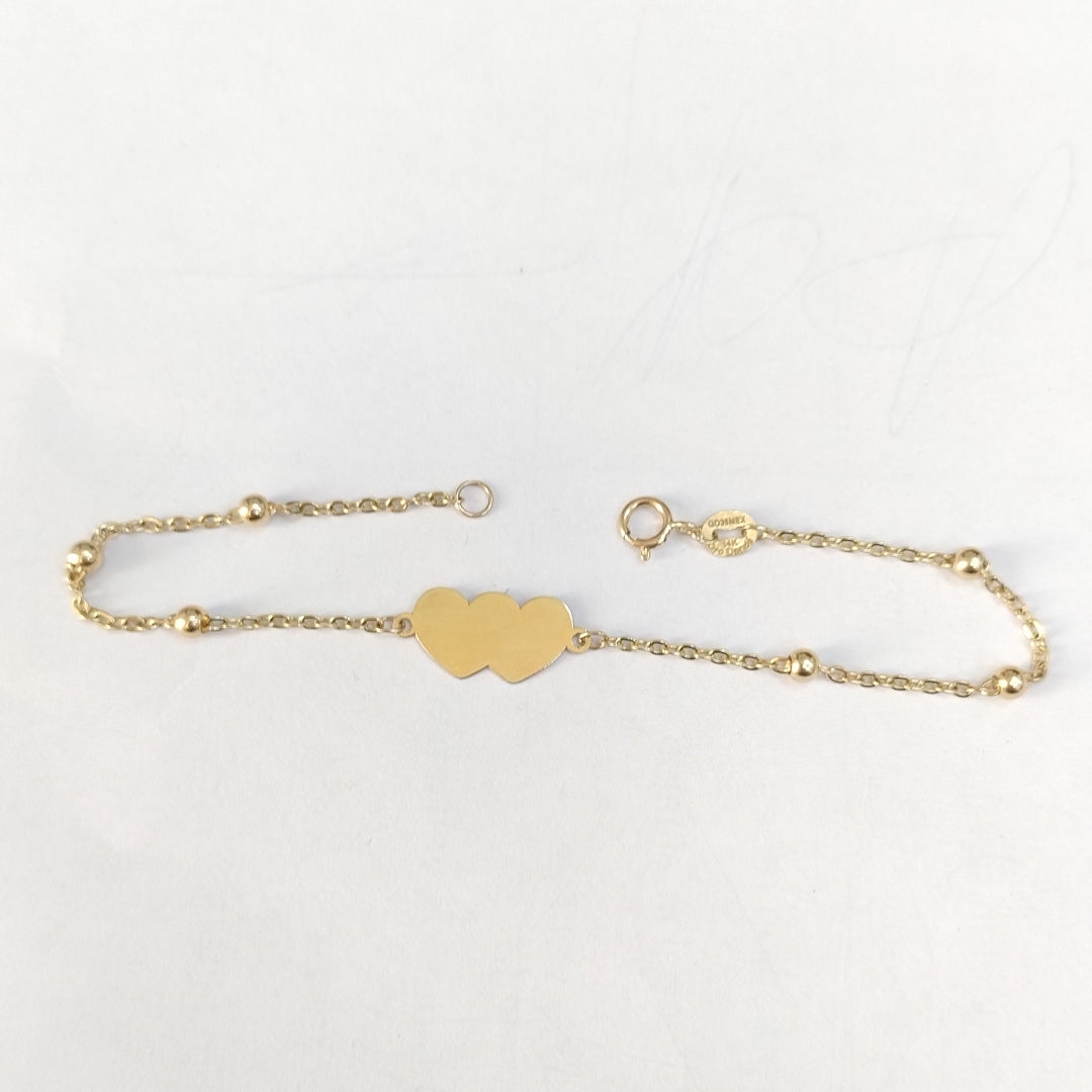 PULSERA TEJIDO ESPECIAL CON DOS CORAZONES 14K 18 CM 1.7 GR (NUEVO)