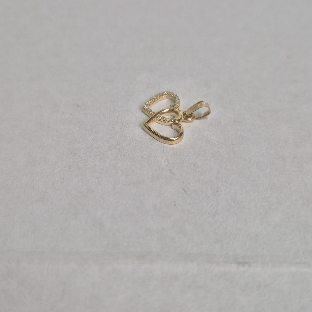 DIJE TEJIDO DOS CORAZONES CON CIRCONIAS 14K 1.5 GR (NUEVO)