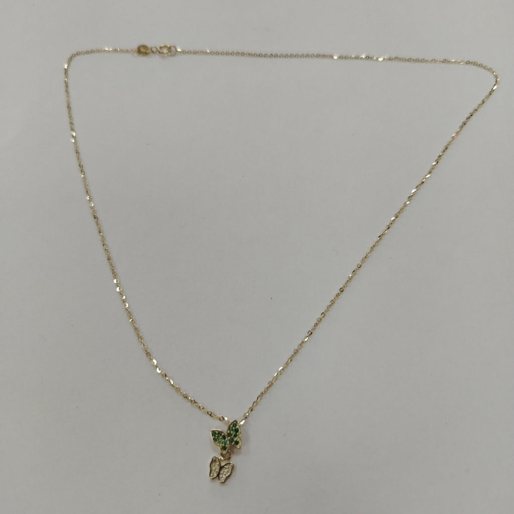 CADENA TEJIDO GARGANTILLA CON DIJE MARIPOSAS CIRCONIAS Y PIEDRAS DE COLOR 14K 45 CM 1.9 GR (NUEVO)