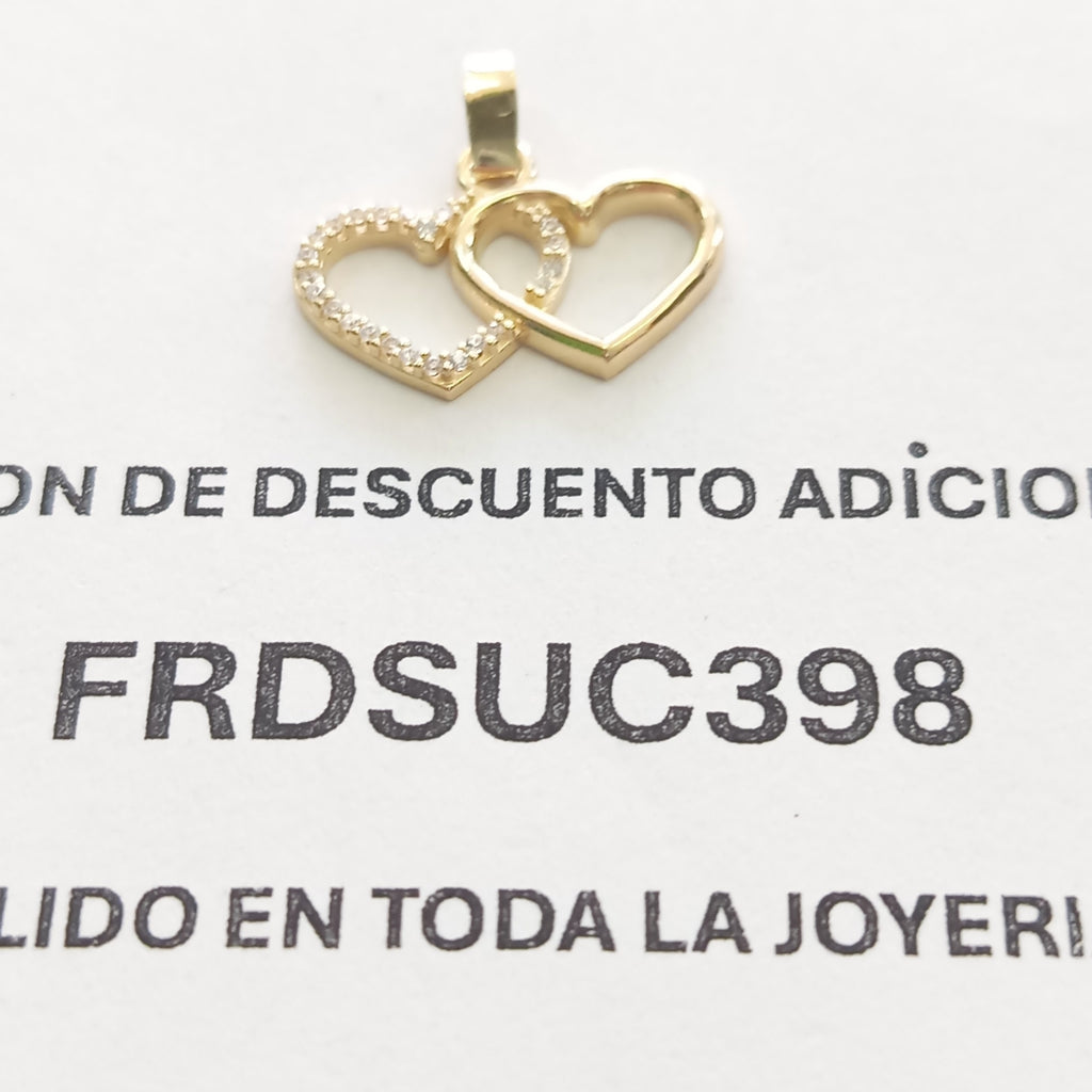 DIJE TEJIDO DOS CORAZONES CON CIRCONIAS 14K 1.4 GR (NUEVO)