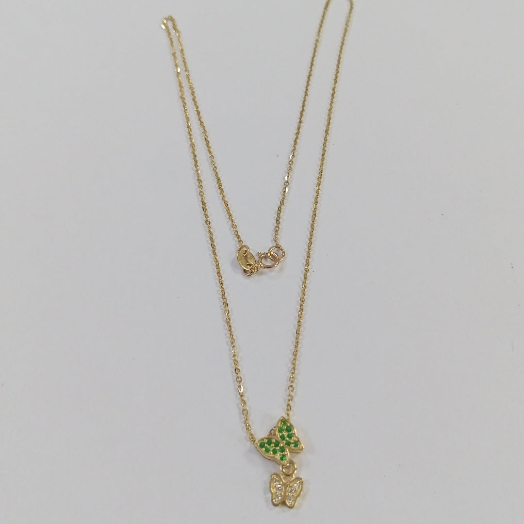 CADENA TEJIDO GARGANTILLA CON DIJE MARIPOSAS CIRCONIAS Y PIEDRAS DE COLOR 14K 45 CM 2 GR (NUEVO)