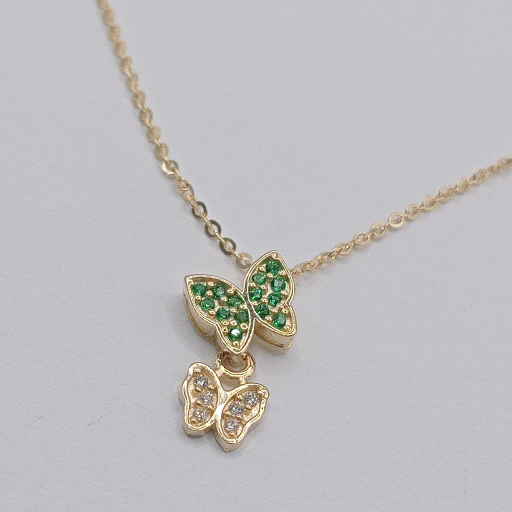 CADENA TEJIDO GARGANTILLA CON DIJE MARIPOSAS CIRCONIAS Y PIEDRAS DE COLOR 14K 45 CM 2 GR (NUEVO)