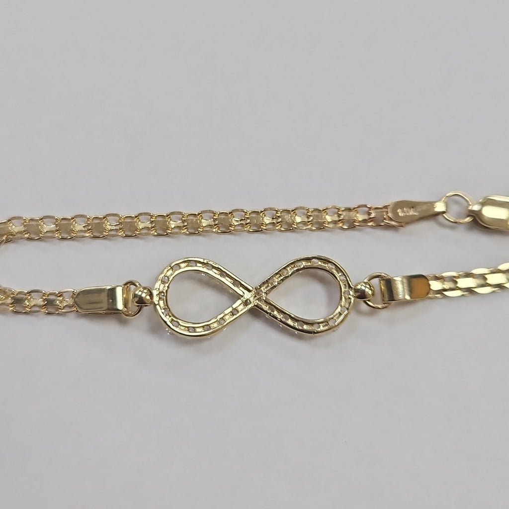 PULSERA TEJIDO ESPECIAL CON INFINITO Y CIRCONIAS 14K 18 CM 3.4 GR (NUEVO)