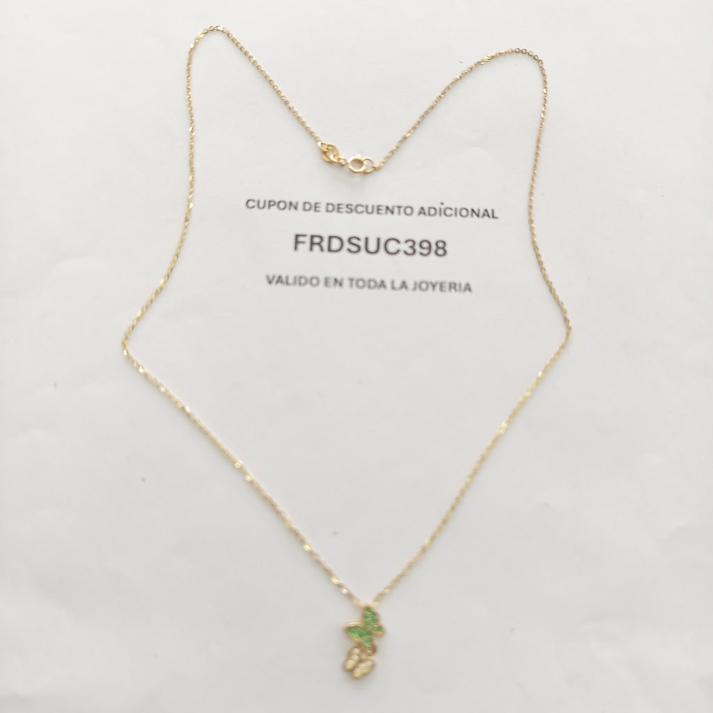 CADENA TEJIDO GARGANTILLA CON DIJE MARIPOSAS CIRCONIAS Y PIEDRAS DE COLOR 14K 45 CM 1.9 GR (NUEVO)