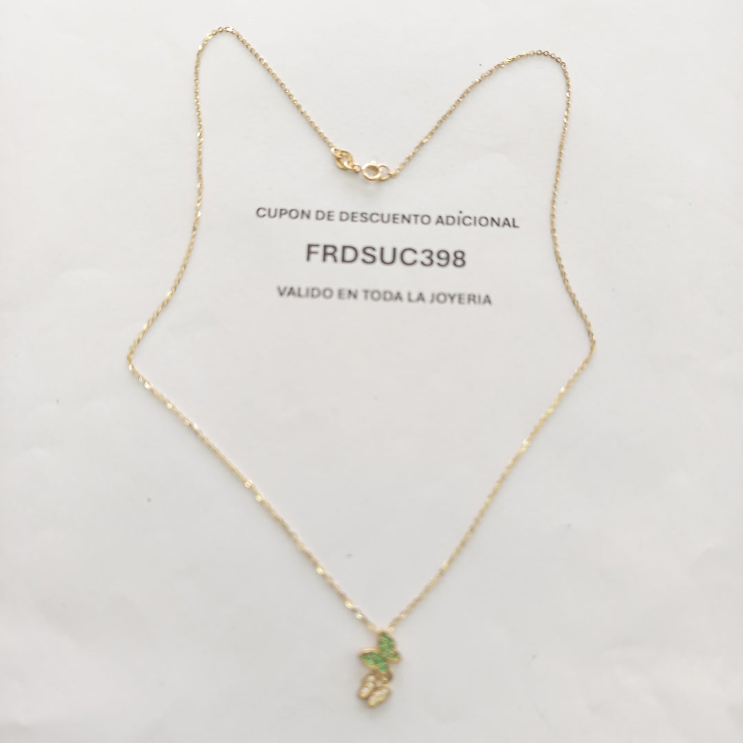 CADENA TEJIDO GARGANTILLA CON DIJE MARIPOSAS CIRCONIAS Y PIEDRAS DE COLOR 14K 45 CM 1.9 GR (NUEVO)